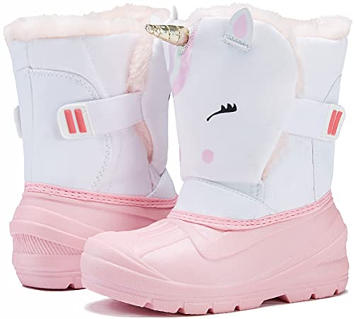 MORENDL Toddler Girls Snow Boots Insulated Waterproof Omni-Heat Winter Boots with Cute Unicorn Print White Pink 1 US Little Kid