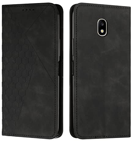 KOUYI Kompatible mit Samsung Galaxy J3 2017 / J330 Hülle, Retro Premium PU Leder Weich TPU Klapphülle Kartenfächer Magnetic Standfunktion Flip Wallet Shockproof Handyhülle (Schwarz)