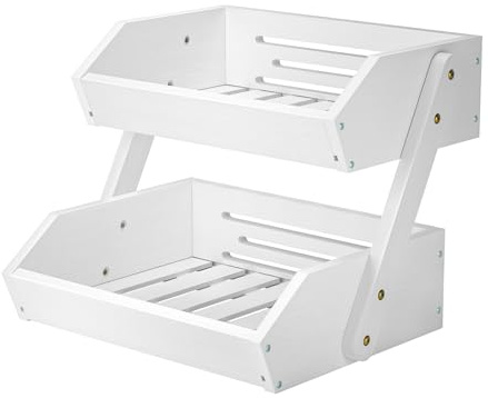 G.a HOMEFAVOR - Soporte de bambú para Cesta de Frutas de 2 Niveles, Canasta de Frutas Soporte de Almacenamiento de Pan y Verduras para encimera de Cocina, Blanco