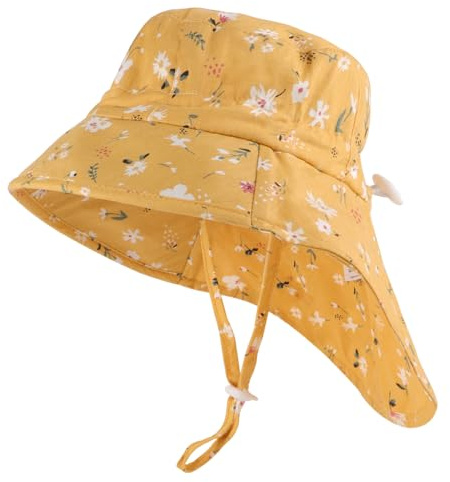 LACOFIA Cappello Estivo in Cotone Neonata Cappello da Sole Bambina Berretto UV Regolabile a Tesa Larga per Mare/Spiaggia/Piscina Giallo 6-18 Mesi