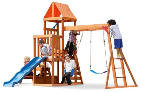 Dolphin Playground Wooden Swing Sets for Backyard with Monkey Bar, Outdoor Playset for Kids with 2 in 1 Outdoor Table, Wave Slide, Climbing Wall, and 2 Belt Swings, Heavy Duty Playground Accessories