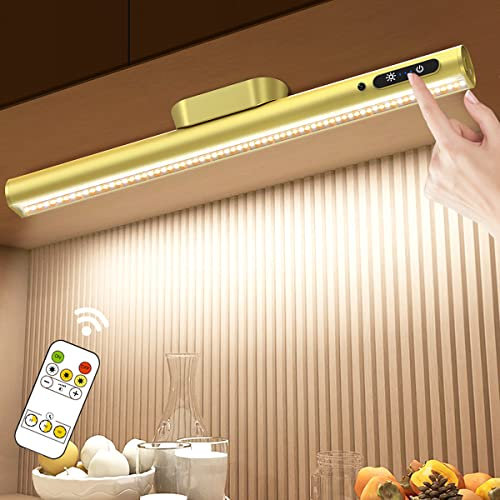 Hapfish Rechargeable Battery Powered Lights, Led Strip Light Bar Battery Operated 4000mAh Magnetic Dimmable Remote Control, Under Shelf Lighting for Mirror Indoor Wall Cabinet Kitchen - Gold