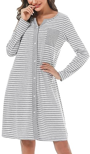 Marvmys Camicia Notte Donna Cotone Corta Cardigan con Scollo V Bottoni Donna Adatto Leggero e Confortevole per Il Parto Ospedaliero Quotidiano per L'Allattamento Seno Grigio-Manica Lunga M