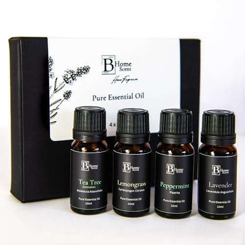 Bhomescent Essential Oil Set (4 x 10ml) – Boost Your Well-Being with Natural Aromatherapy for Relaxation, Cleaning & Refreshing Spaces: Lavender, Tea Tree, Lemongrass & Peppermint