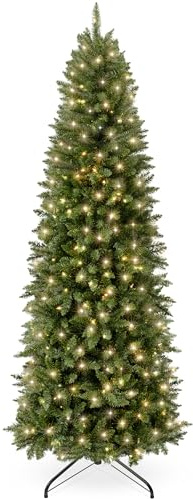 Best Choice Products Prelit Pencil Christmas Tree, 7.5ft Premium Artificial Tree, Realistic Lighted Spruce Holiday Decor w/Warm White Lights, Base