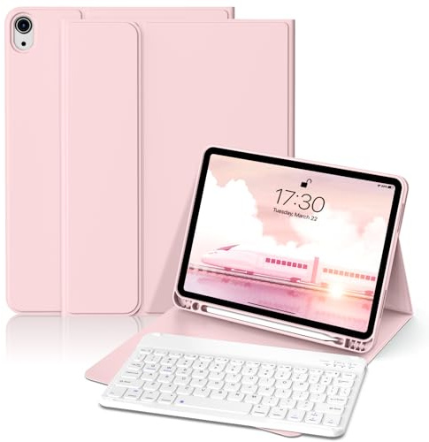 GKABXY Case with Keyboard for iPad Air 11 inch (2026 M4/2025 M3/2024 M2), iPad Air 5th/4th (10,9 inch 2022/2020) Soft TPU Back with Pen Holder, Magnetically Detachable Bluetooth Keyboard cover, Pink