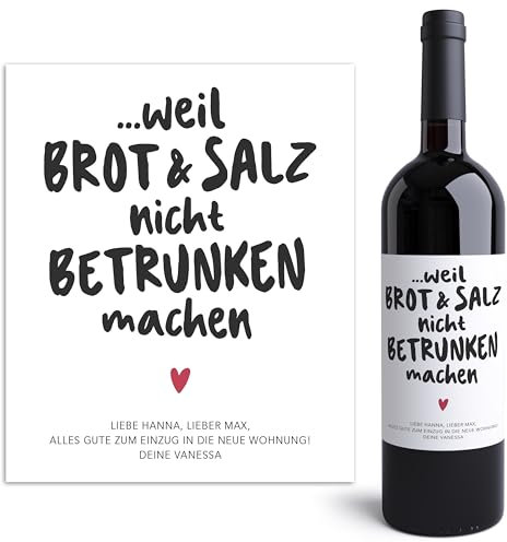 Brot und Salz Geschenk zum Einzug Weinetiketten personalisiert Flaschenetiketten Einzugsgeschenk Haus Wohnung Wein Etiketten selbstklebend 2 Stück | 10x12 cm
