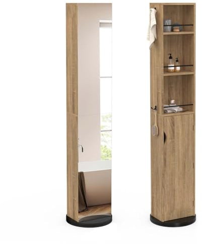 IDMarket - Mueble columna giratorio de baño con espejo, armario y estantes haya y negro ELIA