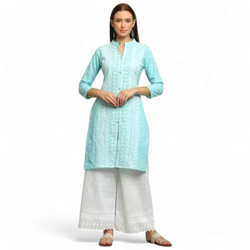 RangMahal - Set da donna in cotone indiano fatto a mano Lucknowi Chikankari Kurta Palazzo tradizionale, Blu, X-Large