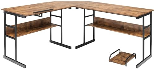 GYMAX Eckschreibtisch, L-förmiger Computertisch mit Monitorständer & neigbare Platte, industriestiler Bürotisch, Gaming-Tisch für Wohnzimmer & Büro, 170 x 150 x 75 cm (Braun)