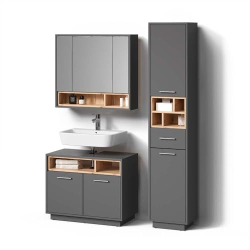Livinity Conjunto de Muebles de baño Temo, Antracita | 3 partes, con mueble alto