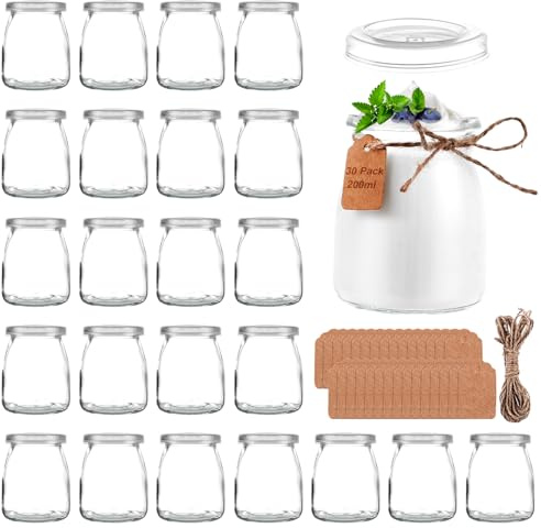 MUXHEL Lot de 30 botes de vidrio de 200 ml con tapa, botes pequeños de vidrio, mini pudin, yogur, frascos de vidrio para mermelada, miel, jalea, espuma, especias