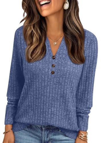 uxxnjfg Magliette Donna Manica Lunga Cotone Elegante Abbigliamento Donna Oversize Maglioncino Scollo a V Casual Curvy Top Attillata Aderente Leggeri Maglia per Leggings(Royal Blue,L)