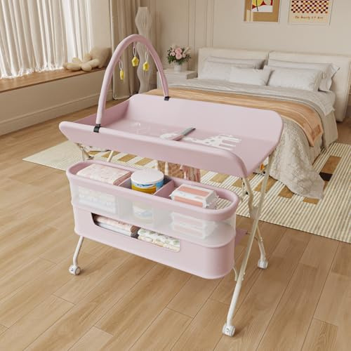 Willonin - Cambiador de pañales para niños, plegable, con cesta de almacenamiento, mesa de cambio para recién nacidos y niños pequeños, ajuste de altura a 5 velocidades, dos pisos, juguetes, color