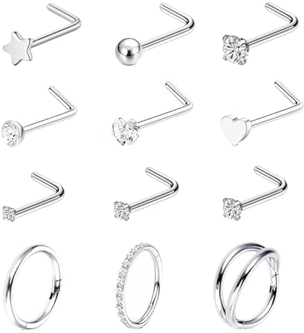 12 PCS Small Nose Rings Set, Fashionable Nose Piercing Jewellery Silver L Shape Noses Studs for Women Men, Double Noses Ring Suitable for Daily Use Outings Parties Gift Giving