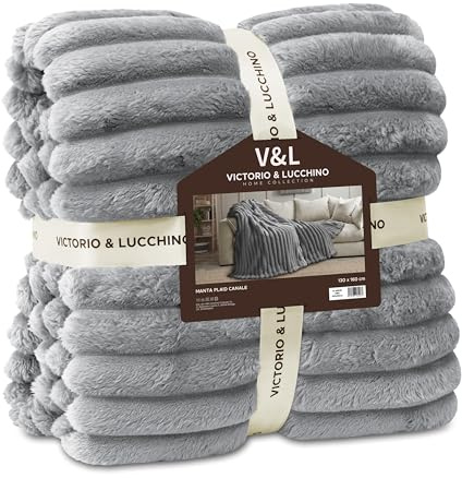 Victorio & Lucchino V&L Manta Canale Extra-Suave 450g para Sofá o para Cama. Cálida con Reverso sin Borrego. Transpirable para Invierno (80528-GRIS, 130X160cm)