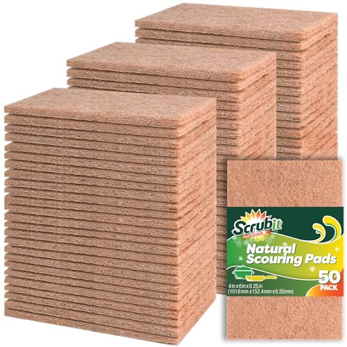 SCRUBIT 50 Pack Natural Scouring Pads - Heavy Duty Scrubbing Pads for Dishes - Non-Scratch - Reusable - Natural, Eco-Friendly, Biodegradable Sisal Brown Sponges for Dishes, Compostable