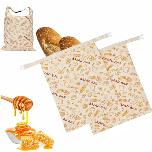Fuutilake 2 sacchetti di cera d'api riutilizzabili, 43 cm x 33 cm, in cotone, con panno in cera d'api, fodera interna per conservare pane, baguette, frutta e verdura con chiusura a fibbia