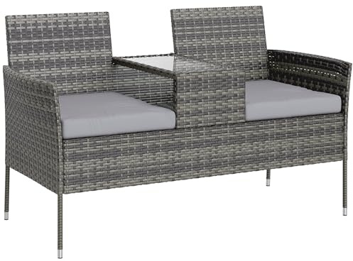 Outsunny Panchina da Giardino a 2 Posti in Rattan e Acciaio, Panchina da Esterno con Cuscini e Tavolino da Caffè Centrale in Vetro Temperato, Divano da Esterno, 135x64x81 cm, Grigio Scuro