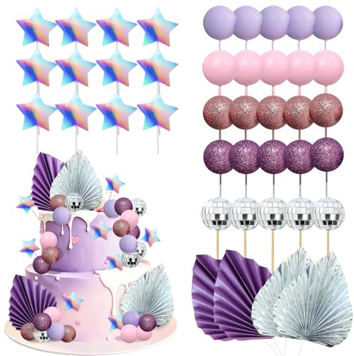 41 PCS Rosa Púrpura Decoración Tarta de Bolas, Decoración Tarta: Silver Bolas de Disco Topper Tarta Estrellas, Pastel Hojas de Palma Topper, Fiesta Disco Ideal para el Cumpleaños de Una Niña