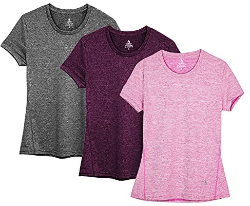 icyzone Donna Maglietta da Palestra Maniche Corte Maglia Sportivo Girocollo T-Shirt per Corsa Yoga, Pacco da 3 (S,Carbone/Bocciolo Rosso/Rosa)