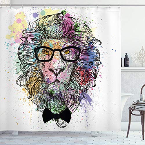 ABAKUHAUS Hipster Duschvorhang, Lion Bow Creative-Spritzer, Stoffliches Gewebe Badezimmerdekorationsset mit Haken, 175 x 200 cm, Mehrfarbig