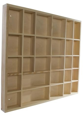 WooDeeDoo Wooden Trinket Display Shelf with 28 Compartments – Wall Mounted Shadow Box for Miniatures Collectables or DIY Craft Projects – Unfinished Pine Storage Unit 45 x 40 x 3.5 cm