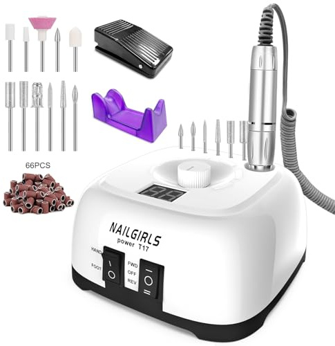 Nail Drill 35,000RPM NAILGIRLS Electric Nail Files Professional Acrylic Nails Gel Nails Manicure Pedicure Polishing Machine for Home and Salon Use with 11 Bits,Foot Pedal,White