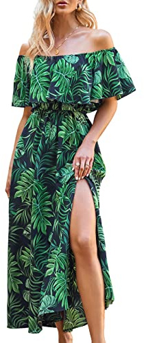 CUPSHE Dress for Women Summer A Shape Dresses Off Shoulder Sleeve Maxi Length Ruffle Fitted Waisted Tropical Printed, L Green
