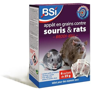 BSI - Anti Rats Et Souris - 150g - Grains - Efficacité Rapide - Radicale - Brodi-Kill Grain - 6x25g - Dernière Génération - pour Et Autour De La Maison - Prêt A l'emploi, Vert