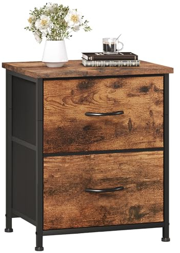 Somdot Table de Chevet, Petit Table de Nuit en Tissu, Chevet de Lit pour Chambre à Coucher Salon Enfant Adulte, 30P x 42l x 50H (2 Tiroirs), Imprimé Grain de Bois