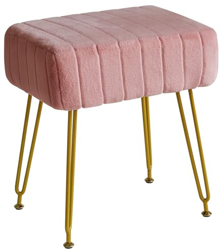IBUYKE Velvet Rectangular Footrest Ottoman, Makeup Vanity Stool Side Table, Dressing Table Seat, Pouf Couch Stool, Golden Steel Legs, Pink L/G-51P