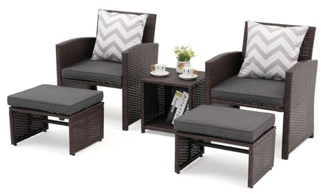 OC Orange-Casual 5 Pcs Patio Conversation Set Balcony Furniture Set with Cushions, Brown Wicker Chair with Ottoman, Storage Table for Backyard, Garden, Porch, Dark Grey