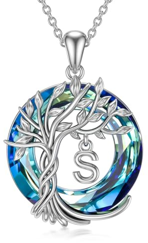 TOUPOP Tree of Life Gifts Initial Letter S Necklace 925 Sterling Silver Tree of Life Pendant Blue Crystal Family Irish Jewellery Anniversary Birthday Gifts for Women Her Ladies Wife Mum Daughter