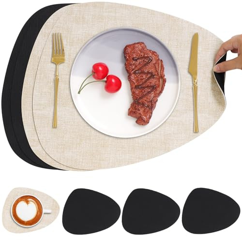 Chitomars Placemats and Coasters Set of 4 Dual Sided Faux Leather Table Mat | Heat Resistant Washable Place Mats Non Slip Waterproof Leather Placemat for Dining Table Indoor Outdoor(Cream-White Black)