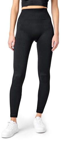 Bellivalini Sport Leggings Damen High Waist Fitness Gerippte Leggings für Alltag und Gym Rib-LE (Schwarz, S/M)