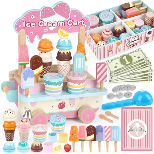 Dreamon Heladeria Juguete - Juguetes Montessori Niños 3 4 Años - Comida de Juguete Madera - Accesorios Cocina Juguetes Regalo Niños Niñas 3 4 5años - Comida Juguete Cocinita (Carrito de Helados)