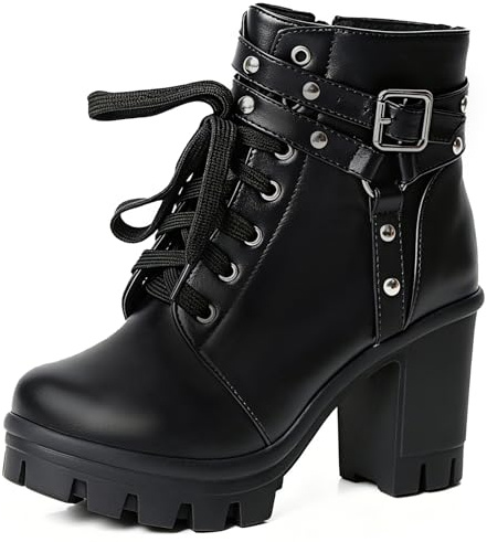 FOREADA Stivaletti con plateau da donna, colore nero, grosso, gotico, alla caviglia, con perline, in pizzo, scarpe da abito Lolita con cerniera, Nero gotico, 42 EU