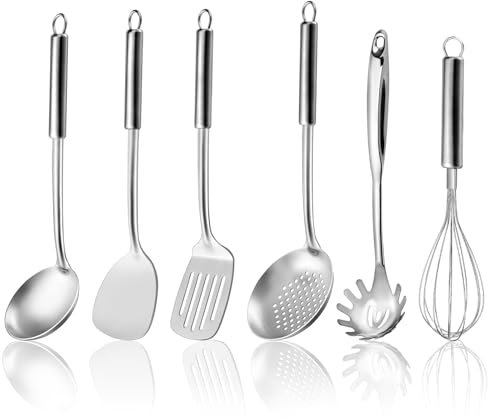 utensili cucina da 6 pezzi, Gymdin utensili da cucina in acciaio inox con manico sospeso, spatola, giratutto, mestolo per zuppa, cucchiaio forato, frusta, cuccetta per la pasta