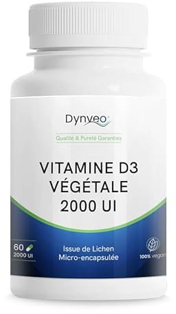 Vitamine D3 Végétale - Cholécalciférol - Fonctions Osseuse, Musculaire, Immunitaire - Source Naturelle - Forme active micro-encapsulée - Vegan & Sans Additifs - 60 Gélules - 2000 UI - Dynveo