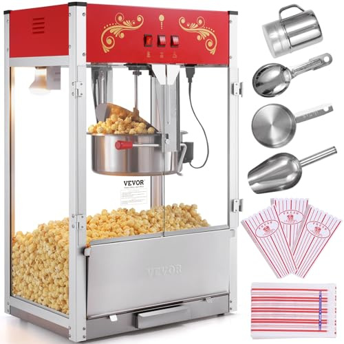 VEVOR Popcornmaschine Popcornautomat Popcorngerät 1615 W, 16 oz Kessel Popcornmaschine mit großem Fassungsvermögen für die Arbeitsplatte mit gehärtetem Glas, inklusive 3 Edelstahlschaufeln Kino-Stil