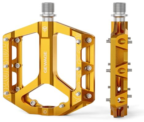GEWAGE Pedales MTB Planos – Set de Pedales Antideslizantes para Bicicleta, aleación de Aluminio fresado CNC, Eje 9/16, 4 Colores, Ideales para MTB y Gravel (Dorado)