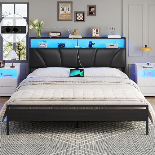 Brinlawb Letto Imbottito 180x200 cm, Struttura letto con Luce LED e Stazione di Ricarica (2 Prese CA 2 Porte USB) Letto Matrimoniale con testiera e pediera, Facile da montare, Moderno, Nero