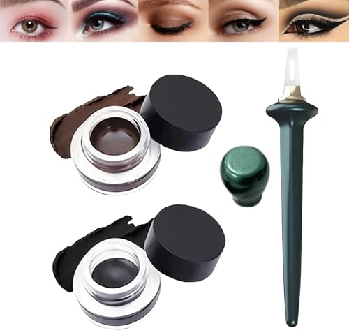 3 st vattentät eyeliner makeup-kit med 2 gel-eyeliners (svart och brun) och eyelinerguidestav, exakt och enkel applikation, långvarig fläcksäker formel, mjuk silikonborste ingår