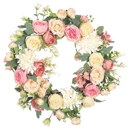 Coronas de Primavera para la Puerta Delantera, Coronas de peonía de crisantemo Artificial de 16 Pulgadas, Corona de Puertas de Primavera, de Flores de Verano para la Ventana de Pared decoraci
