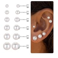 TINGN 6 Pair 925 Silver Stud Earrings Tiny Faltback Ear Stud Piercing Pearl Flat Back Cartilage Earrings for Women Girls