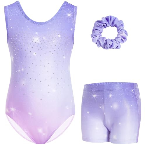 Gogokids - Set di tuta da ginnastica senza maniche per ragazze, in tre pezzi con pantaloncini e fascia per capelli, Outfit da ginnastica per bambini con scavature e design incrociato, tuta da balletto