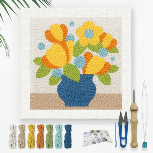 DOODLREAM Kit de broderie de fleurs dans un vase DIY Punch Needle pour adultes et débutants - 24 cm - Perforatrice de fleurs - Kit de bricolage pour débutants - Avec cadre en tissu - Enfile-aiguille