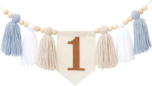 1st Birthday Decorations High Chair Banner Wood Bead Highchair Tassel Garland First Birthdays Highchair Banner For Baby Girls First Birthdays Party Decorations Photo Props (One Kahaki B)