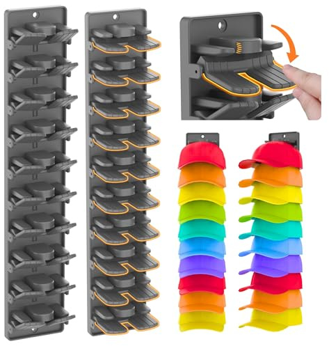 LeKuni Mensola da parete, 2 pezzi, con clip a molla integrate per fino a 20 cappelli, supporto da parete multistrato, per cappelli con colla forte e viti (nero)